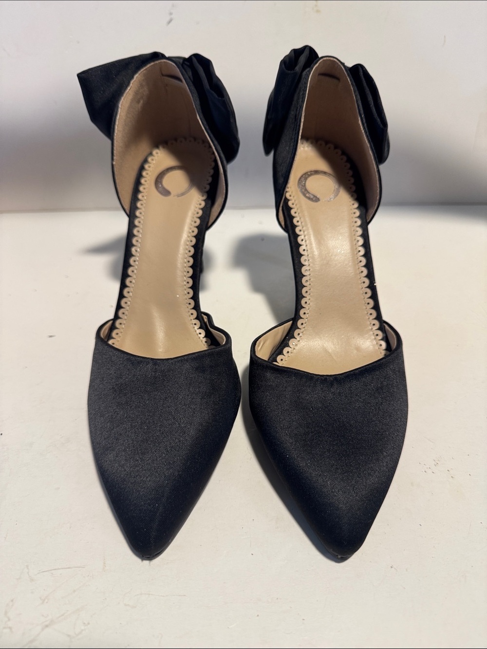 Pointed Black Satin Heels with Ankle Bow